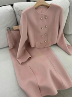 粉色小香風毛呢外套半身裙套裝女秋冬新款高級感小洋裝兩件套