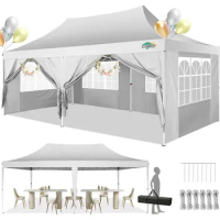 Outdoor Large Sun Shelter of 10'X20', 3 Adjustable Heights&amp;6 Removable Sidewalls, Stakes X12, Ropes X6, Canopy Gazebo Commercial