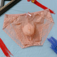 Men Panties Sexy Lace Seamless Briefs Low Waist U Convex Underwear See Through Lingerie Transparen Ultra-Thin Breathable Briefs