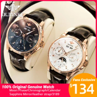 OUPINKE 3189 Luxury Men's Watch Chronograph Automatic Mechanical Watches Leather Band Waterproof Moon Phase Wristwatch Casual