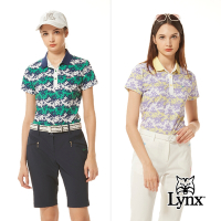 【Lynx Golf】女款吸排抗UV花草剪影印花三色織帶翻領設計短袖POLO衫/高爾夫球衫(二色)