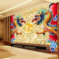 雙龍戲珠墻紙3D立體背景墻裝飾畫客廳大殿寺廟佛堂故宮壁紙壁畫
