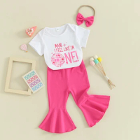 Baby Girls Birthday Outfits Short Sleeve Disco Ball Print Romper Flare Pants Headband Set Newborn Clothes