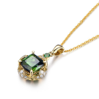 網紅同款祖母綠寶石吊墜方形鑲鉆鋯石水晶項鏈鍍黃金鎖骨鏈項飾品