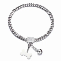 Silver Tone 316L Stainless Steel Curb Cuban Link Chain Collar with ID Tag and Bell for Small Medium Large Dogs 10/14/18mm Width