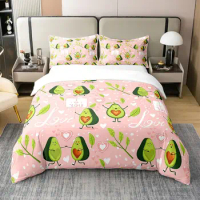 Fruit Duvet Cover Set, Cute Cartoon Avocado Decor 3 Piece Bedding Set with 2 Pillow Shams, Queen King Full Size, Paprika Green