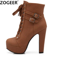Fashion Women’s Ankle Boots Platform High Heels Motorcycle Boot Sexy Buckle Lace-up Brown Ladies Party Shoes Large Size 45 48