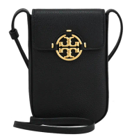 【TORY BURCH】簡約金屬雙T LOGO荔枝皮革翻蓋手機包斜背包(黑)