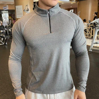 Compression Long sleeve Men Running Fitness Tshirt spandex elastic Quick Dry Sports Bodybuilding Training zipper collar Shirts