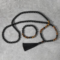 8mm Tiger Eye Stone Black Onyx Beads 108 Mala Necklace Bracelet Meditation Yoga Prayer Jewelry Japamala Set for Men and Women