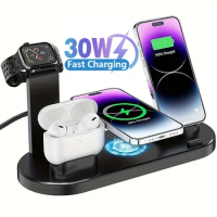30W 7 in 1 Wireless Charger Stand Pad For iPhone 14 13 12 11 XR Apple Watch Airpods Pro iWatch 8 7 6 Fast Charging Dock Station