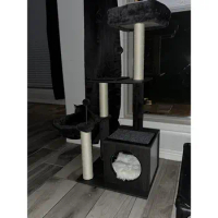 Black Cat Scratching Post Wooden Hammock Plush Pompom Natural cat tree with cabinet to scratch Furniture Cat Tree