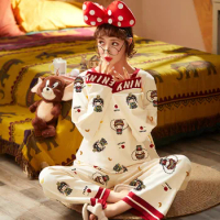 Cotton Pajamas For Women Cartoon Pajama Set Homewear Casual Lounge Sleepwear For Teen Girls Loose Long Sleeve Spring Summer