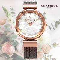 CHARRIOL 夏利豪 FOREVER 珍珠母貝石英精品女錶-玫瑰金 青銅色錶帶32mm FE32.602.005