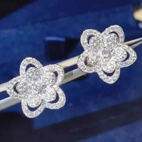 Custom Solid 10K White Gold Women Stud Earrings Star Flower Moissanite Diamonds Wedding Engagement Anniversary Gift Romantic