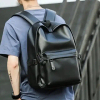 Ransel Kulit CC Kuliah Kerja Laptop Wanita Pria Kulit PU Tas Punggung Laptop Tas Kurir Hitam Sekolah
