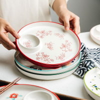 手繪陶瓷盤圓形早餐分格盤創意日式菜盤家用菜餐具餃子盤子帶醋碟