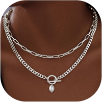 Chunky Gold Necklaces for Women Layered 14k Gold Silver Plated Heart Pearl Pendant Choker Necklace T