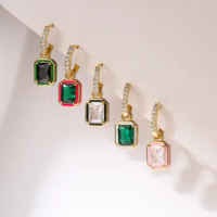 HECHENG,Rectangular Colorful Zircon Eearrings Enamel Women Earrings,Pink/Champagne/Green Stone 18K Gold Plated Sweet Jewelry