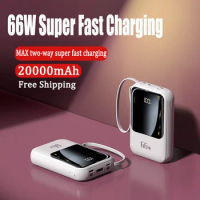 Mini Powerbank 20000mAh Portable Comes with Cable 66W Super Fast Charger for IPhone Xiaomi Digital Display External Battery Pack