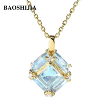 BAOSHIJIA Solid 18k Yellow Gold Princess Aquamarine Fashion Pendant Women's Real Diamonds Jewellery Gemstone