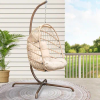 Outdoor Chair, Foldable Wicker Rattan Hanging Egg Chair with Stand, Swing Chair with Cushion and Pillow, Outdoor Egg Chair