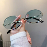 Trendy Sunglasses for Woman Summer Rimless Cut-edge Sunglass Oval Fashion Brand Designer Shades Pink Women's Sun Glasses UV400