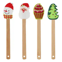 4PCS Creative Silicone Cooking Utensils Wooden Handle Non-Stick Spatula Cream Scraper Christmas Themed Kitchen Cooking Tools