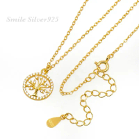 สร้อยคอเงินแท้92.5%Italyชุบทอง18k ลายโซ่จิ๋ว ขนาด1mm.+จี้ Tree Of Life CZ จี้ขนาด12mm.