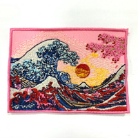 神奈川沖浪裏 粉紅櫻花 日本浮世繪 PATCH 刺繡背膠補丁 袖標 布標 布貼 補丁 貼布繡 臂章