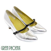 【GREEN PHOENIX 波兒德】女款BIS-VITAL 復古直條紋義大利小羊皮中跟尖頭瑪莉珍鞋(銀色)
