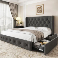Queen Size Bed Frame with 4 Storage Drawers and Wingback, Headboard Tufted Platform Bed Frame with Wood Slats Support, Bed Frame
