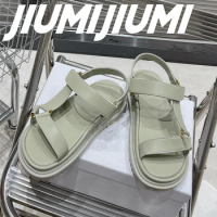 JIUMIJIUMI Handmade Woman Shoes Platform Flat With Band Hook&amp;Loop Sandbeach Sandals Solid Concise Ankle-Wrap Jelly Shoes Woman