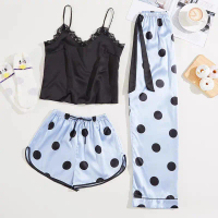 Stelan Piyama Pola Set Baju tidur Tanktop Lingerie Celana Panjang Pendek Satin Silk Salur Seserahan 