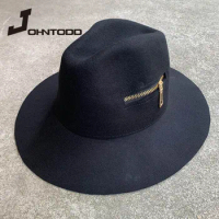 Cool black zipper Fedora retro women ladies floppy wide brim wool felt Fedora cloche hat hat church hats fedora hat black hat