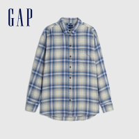 【GAP】女裝 純棉翻領長袖襯衫-藍白條紋(742507)