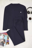 Trendyol Navy Blue Regular Fit Pocket Label Detailed Soft Touch Knitted Pajama Set