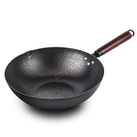 32cm Carbon Steel Wok with Lid Chinese Wok Pan No Chemical Coated Kitchen Flat Bottom Wok for Electric Induction Gas Stoves