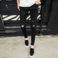 Celana Jeans Pria Anak Laki-laki Remaja Tipis Musim Semi Musim Panas Celana Pensil Ramping Hitam Pria Jeans Skinny Panjang