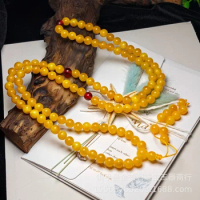 Internet Celebrity Live Broadcast Supply Yellow Chicken Grease Old Beeswax Amber8mm108Beads Multi-Wrap Bracelet Chain Sweater Ch