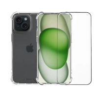 【宇宙殼】iPhone 15 Plus 防爆滿版鋼化玻璃保護貼/氣囊空壓殼套組