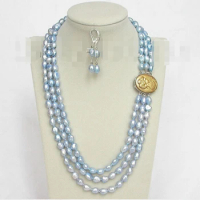 WR530 IU23 FREE shipping 3row 12mm baroque blue pearls necklace dangle Earring seashell clasp j8495