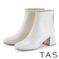 【TAS】金屬鍊條羊皮中跟短靴(米白)