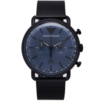 【EMPORIO ARMANI】圓弧立體感雙眼計時功能米蘭錶帶手錶-藍色面/42mm(AR11201)