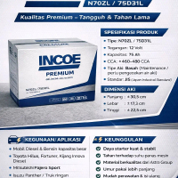 Aki Incoe Premium N70ZL 12v - Daya Starter Kuat & Stabil