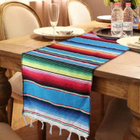 OurWarm Mexican Table Runner Handwoven Fringe Cotton Blanket Table Runners Colorful Stripe Table Runners For Mexican Party Decor