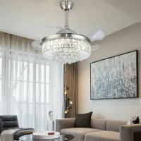 42Inch LED Ceiling Fan Lamp Chandelier Fan Crystal Pendant Light Dimmable Silver