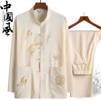 FE Middle-Aged and Elderly Spring and Summer Suit Tang Suit Men's Long-Sleeve Shirt Dad Chinese Casual Morning Exercise Clothes Grandpa's Clothes Hanfu 1.14