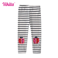 VIKITA Girls Striped Leggings Kids Cotton Casual Pencil Pants Girls Cartoon Appliqued Elastic Trousers Children Clothing 3-8 Yrs