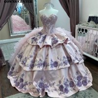 Light Purple Ruffels Luxury Embroidery Mexican Ball Gown Quinceanera Dress Off The Shoulder Sweet 15 Dress Vestidos De 15 Años